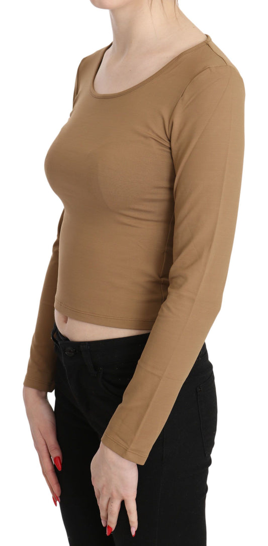 GF Ferre Brown Round Neck Long Sleeve Slim Crop Top Blouse