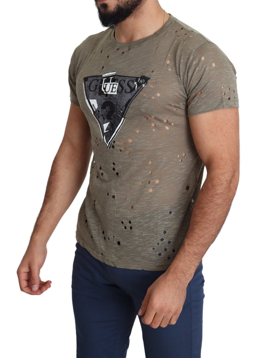 Guess Brown Cotton Stretch Logo Print Men Casual Perforated T-shirt