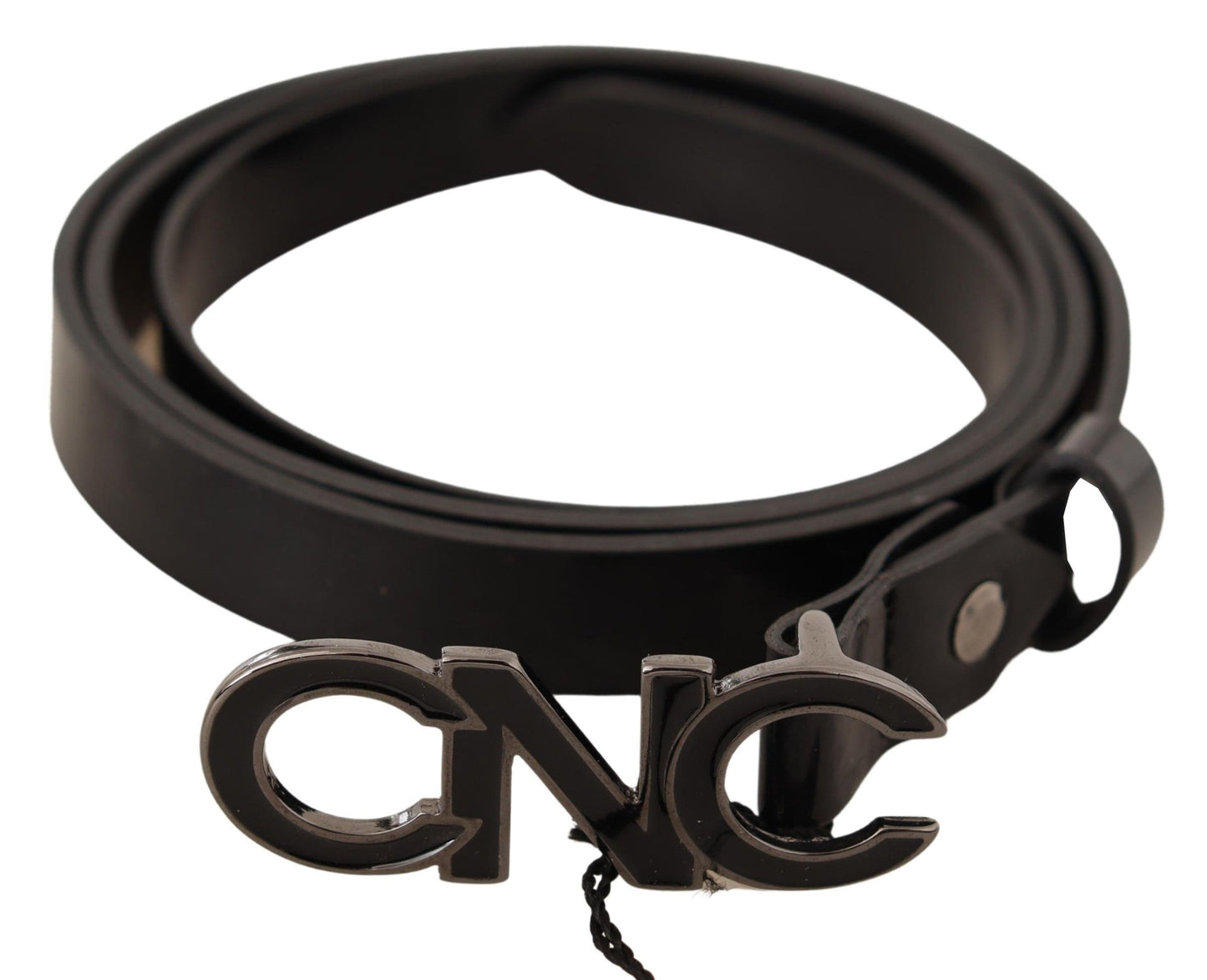 Costume National Black Leather Letter Logo Buckle Belt