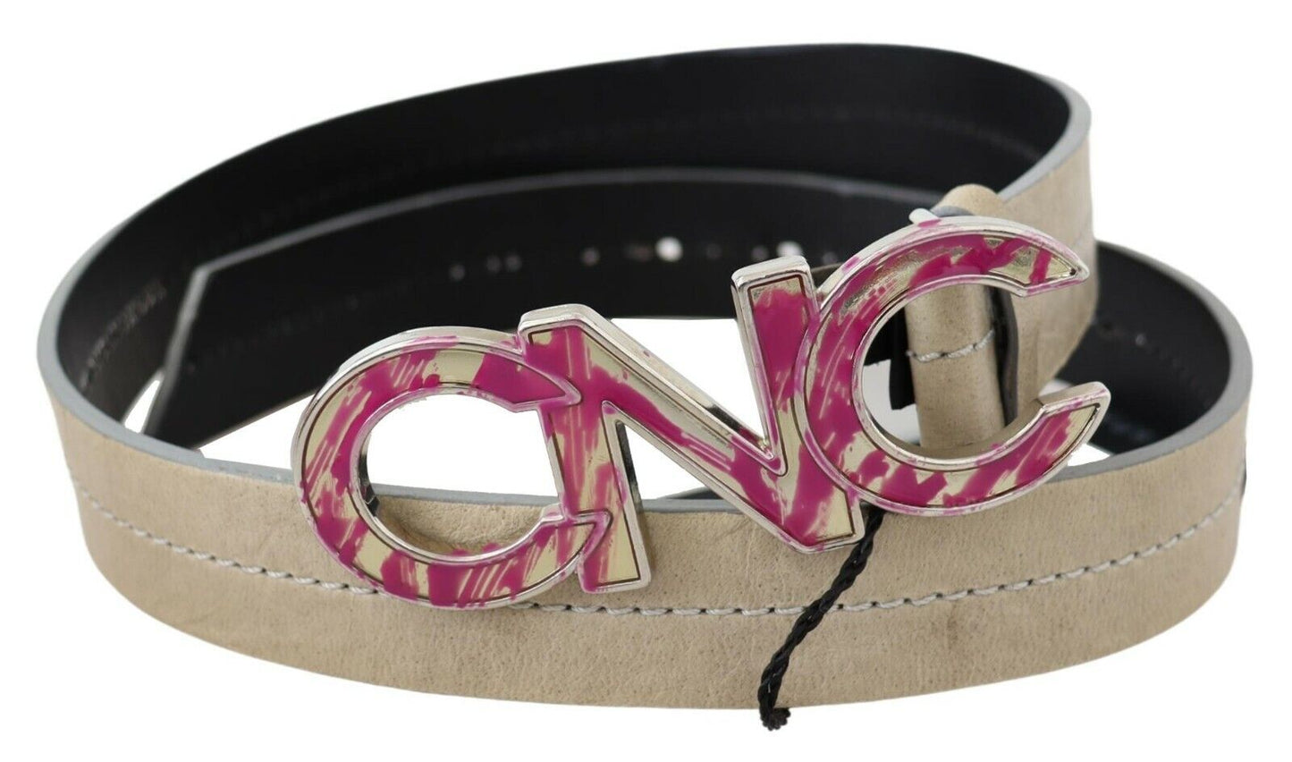Costume National Beige Leather Pink Letter Logo Buckle Belt