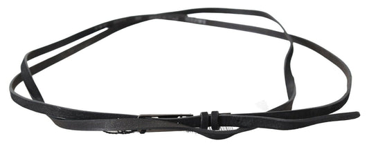 Costume National Black Leather Skinny Logo Buckle Belt