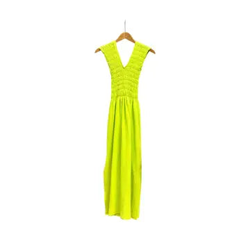 736 Albazer Gathered V-Neck Dress in Khaki Organic Cotton