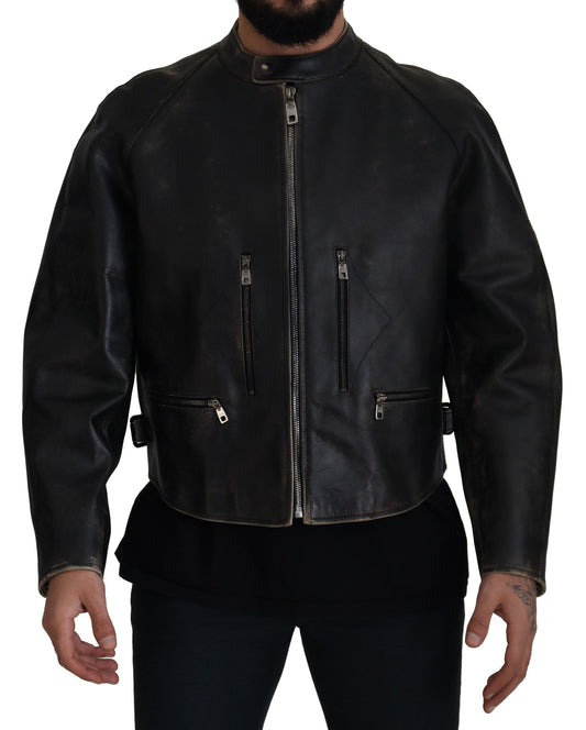 Dolce & Gabbana Black Leather Zipper Biker Coat Jacket