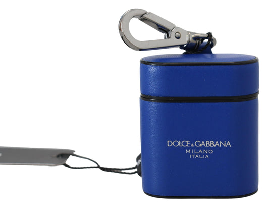 Dolce & Gabbana Blue Leather Silver Metal Logo Airpods Case