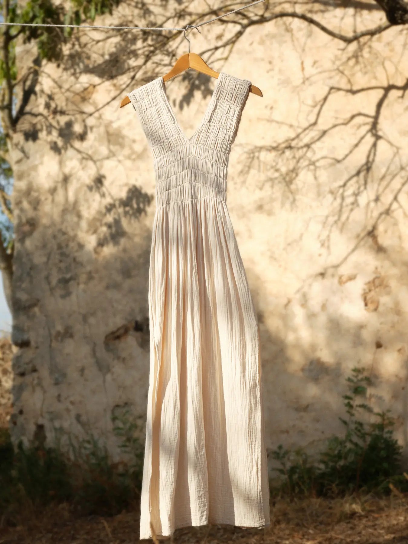 736 Albazer Gathered V-Neck Dress in Khaki Organic Cotton