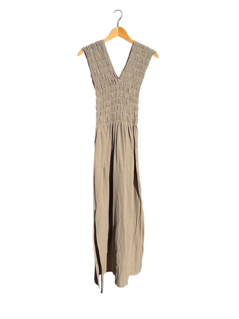 736 Albazer Gathered V-Neck Dress in Khaki Organic Cotton