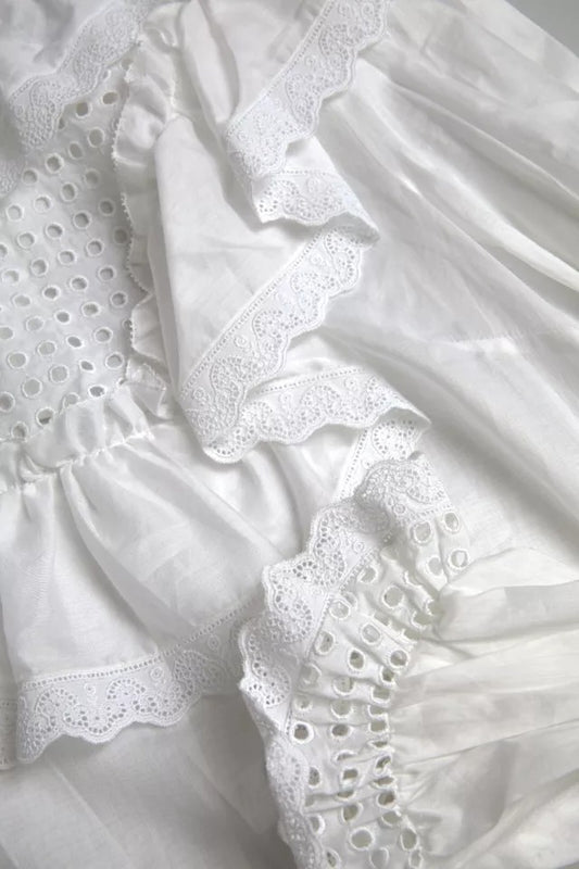 Dolce & Gabbana White Cotton Lace Trim Turtle Neck Blouse