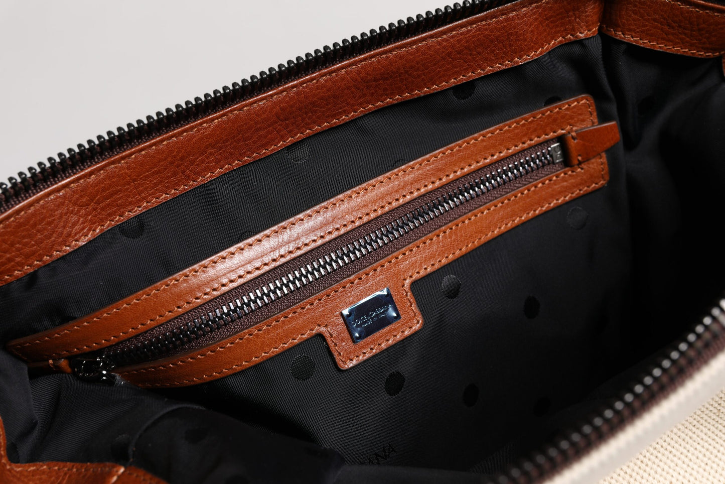 Dolce & Gabbana Beige Brown Cotton Leather Duffle Shoulder Bag