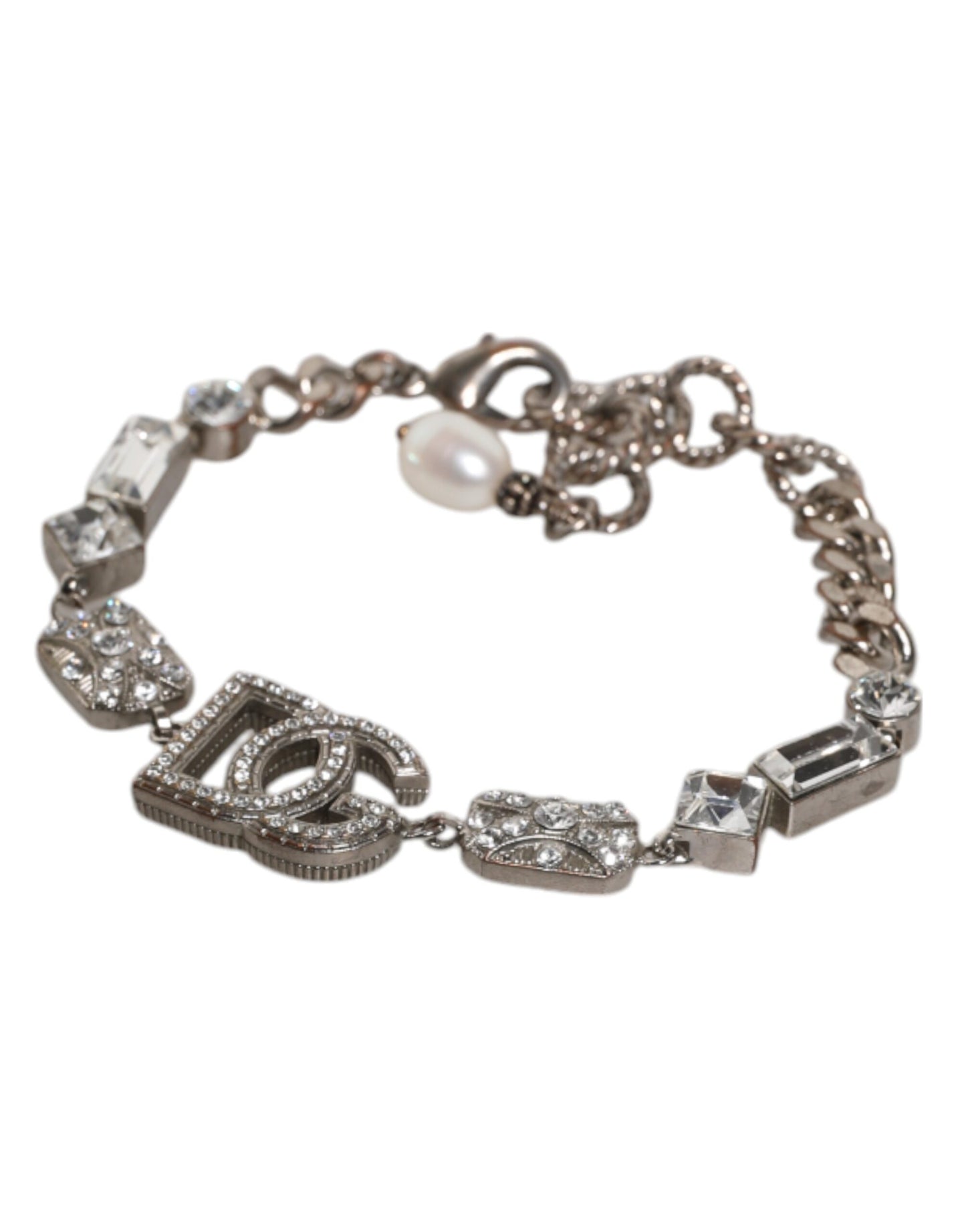 Dolce & Gabbana Silver Brass Crystal DG Logo Charm Embellished Bracelet