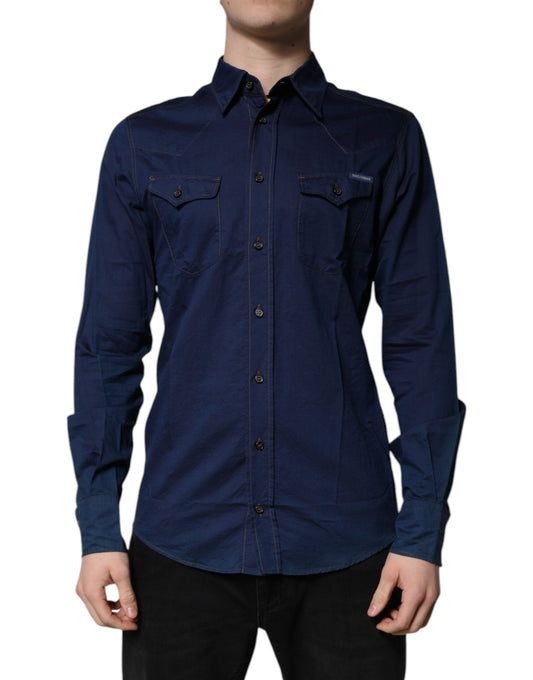 Dolce & Gabbana Dark Blue Cotton GOLD Dress Formal Shirt