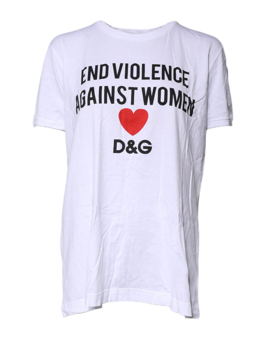 Dolce & Gabbana White Cotton Printed Round Neck Top T-shirt