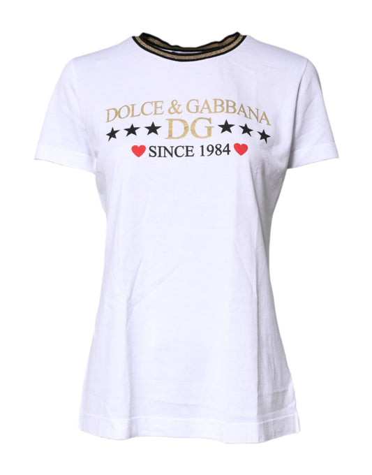 Dolce & Gabbana White Printed Round Neck Top Cotton T-shirt