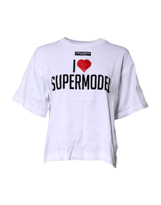 Dolce & Gabbana White Printed Round Neck Top Cotton T-shirt