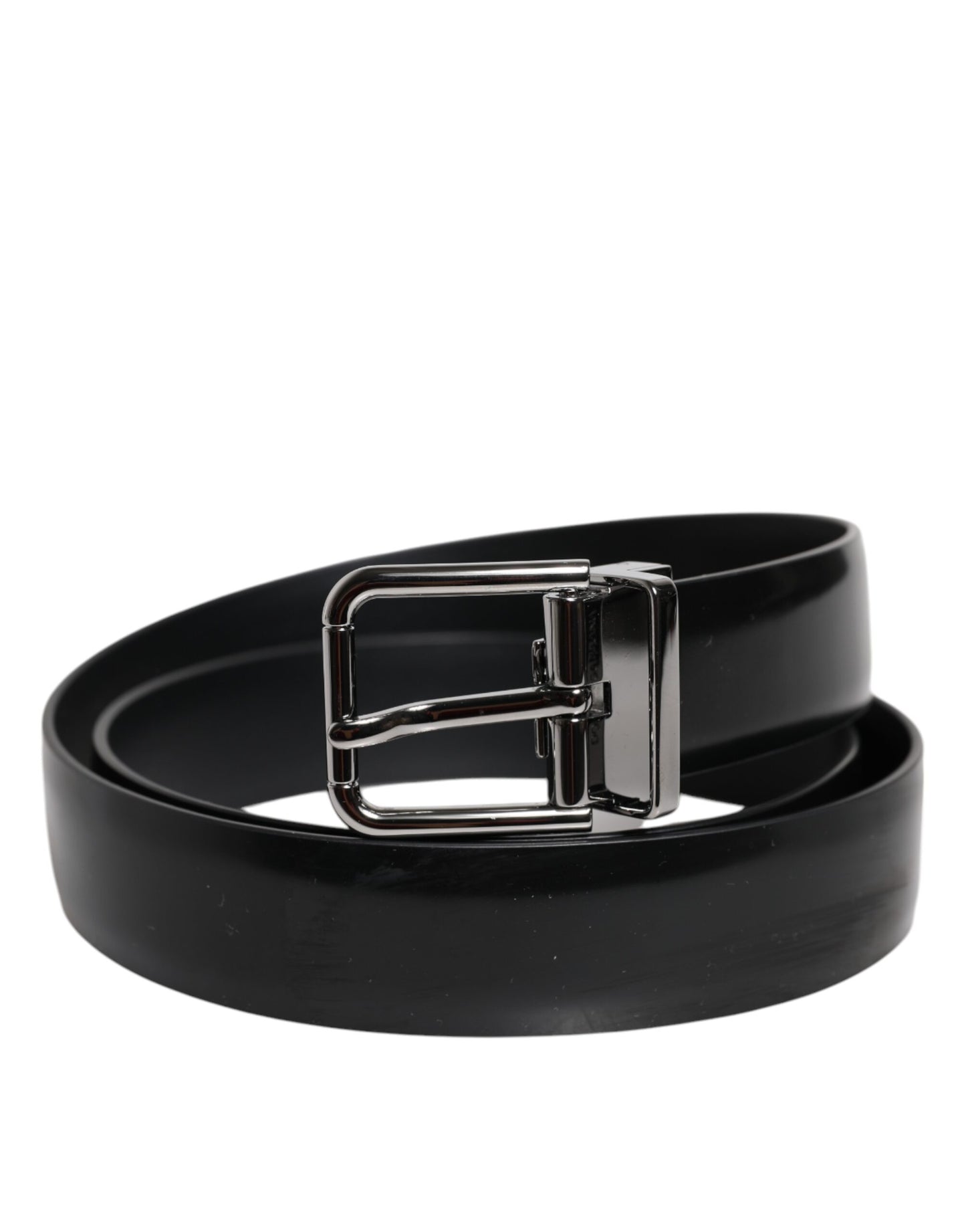Dolce & Gabbana Black Shiny Leather Silver Metal Buckle Belt