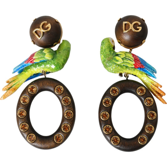 Dolce & Gabbana Multicolor Parrot Wood Brass Crystal Embellished Earrings