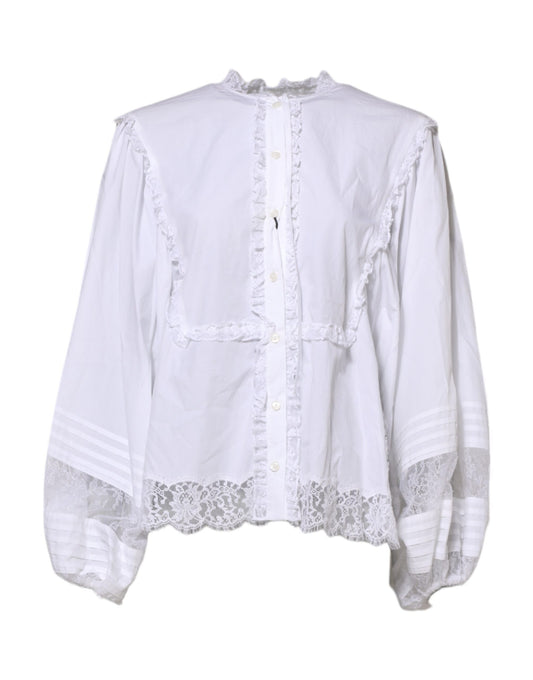 Dolce & Gabbana White Ruffled Lace Embellished Blouse Top
