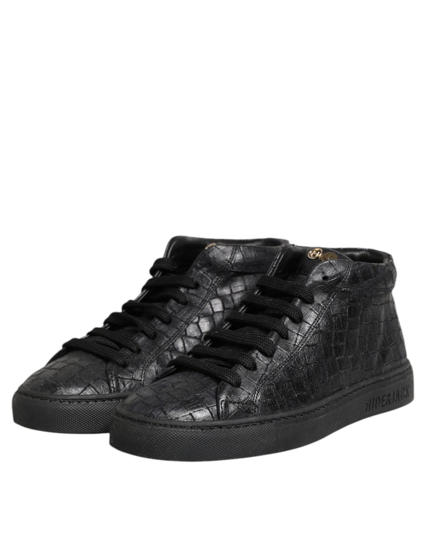 HIDE & JACK Black Leather Lace Up Mid Top Sneakers Shoes
