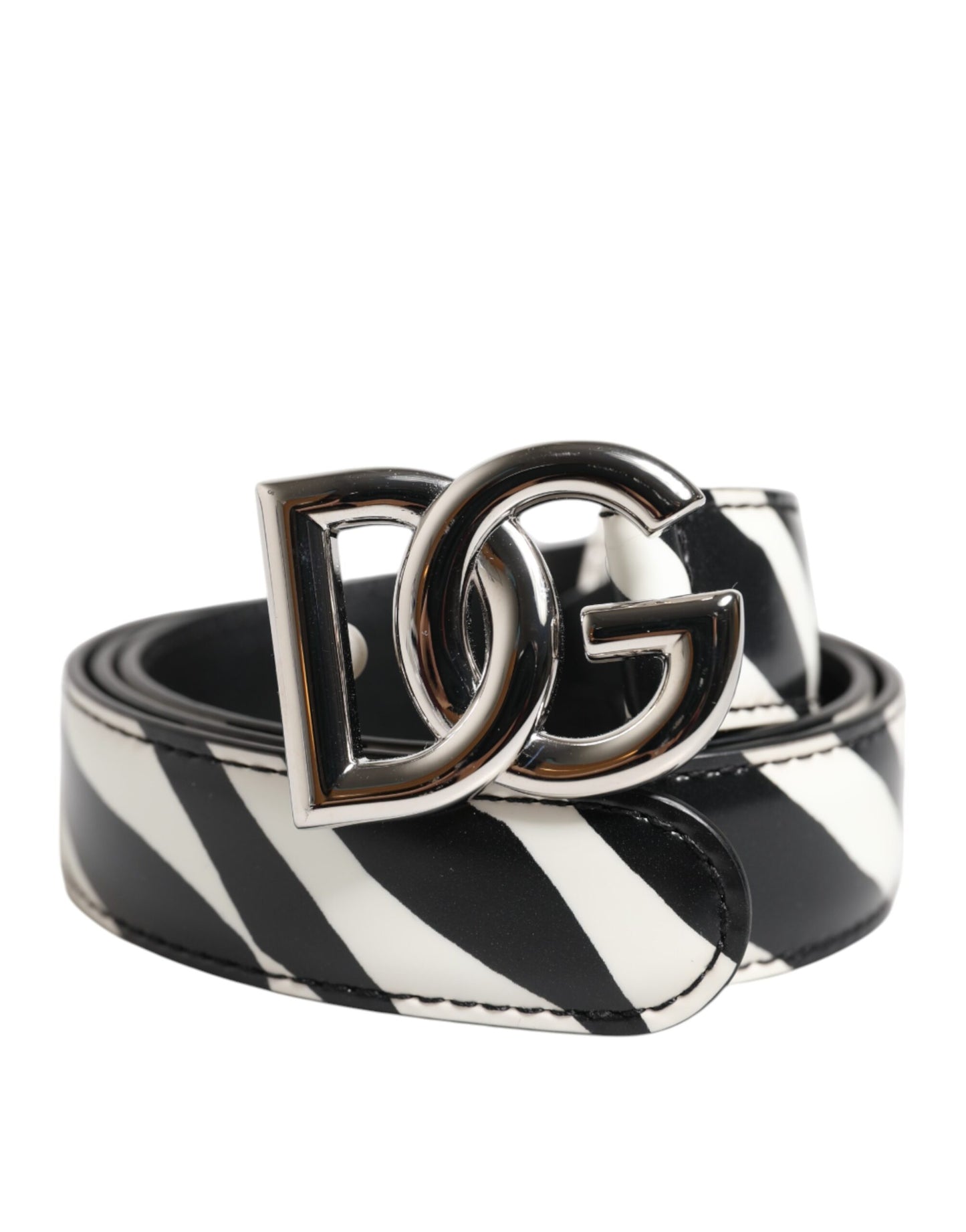 Dolce & Gabbana Black White Leather Silver Metal Buckle Belt