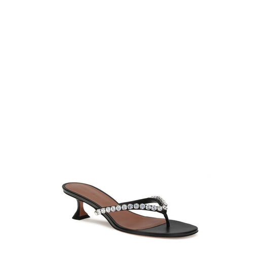 Amina Muaddi Black Calf Leather Bos Taurus Flip-Flop Sandals