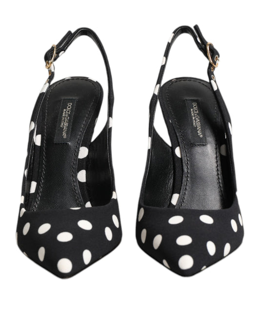 Dolce & Gabbana Black White Dotted Stiletto Slingback Shoes
