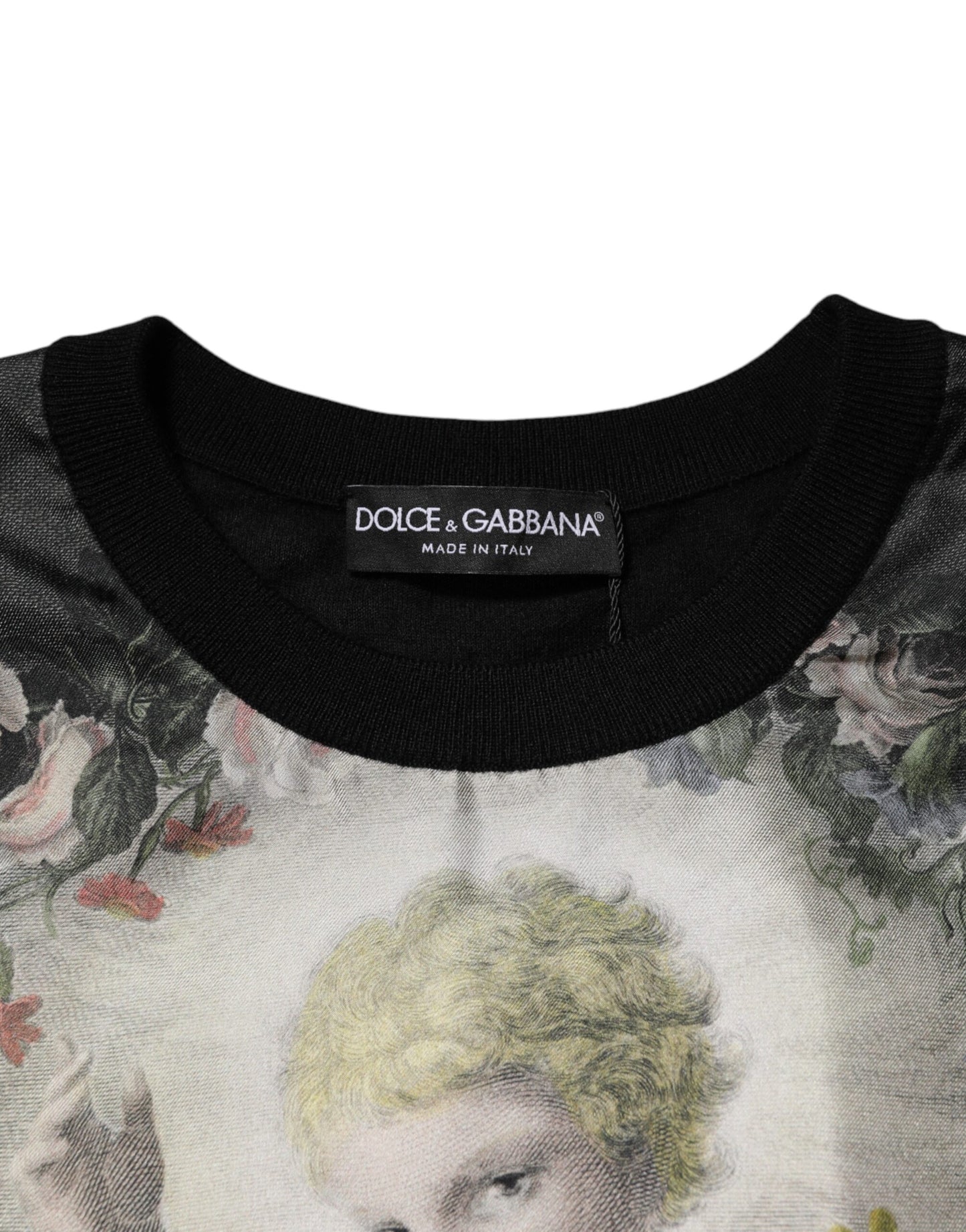 Dolce & Gabbana Black Cashmere Cherub Print Baroque Sweater