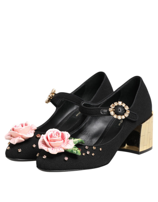 Dolce & Gabbana Black Flower Crystal Embellished Mary Jane Shoes