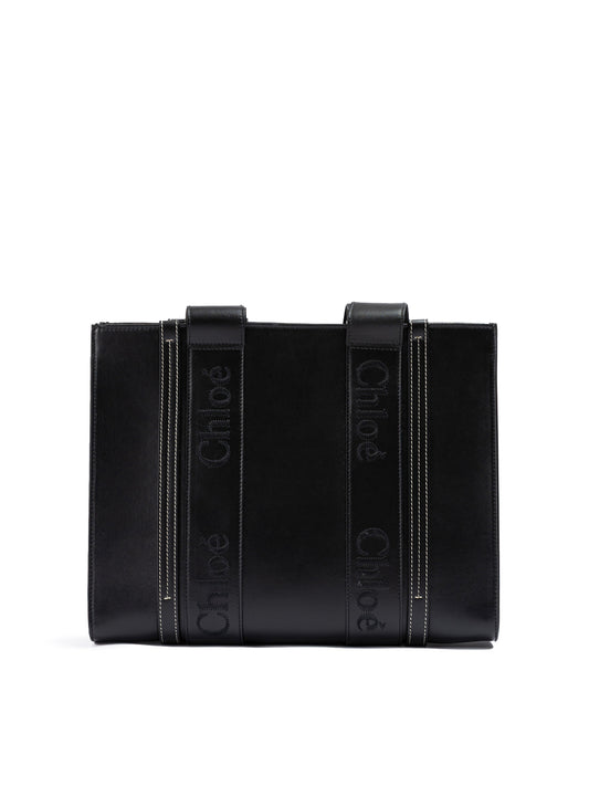 Chloé Black Woody Embroidered Logo Leather Medium Tote Bag