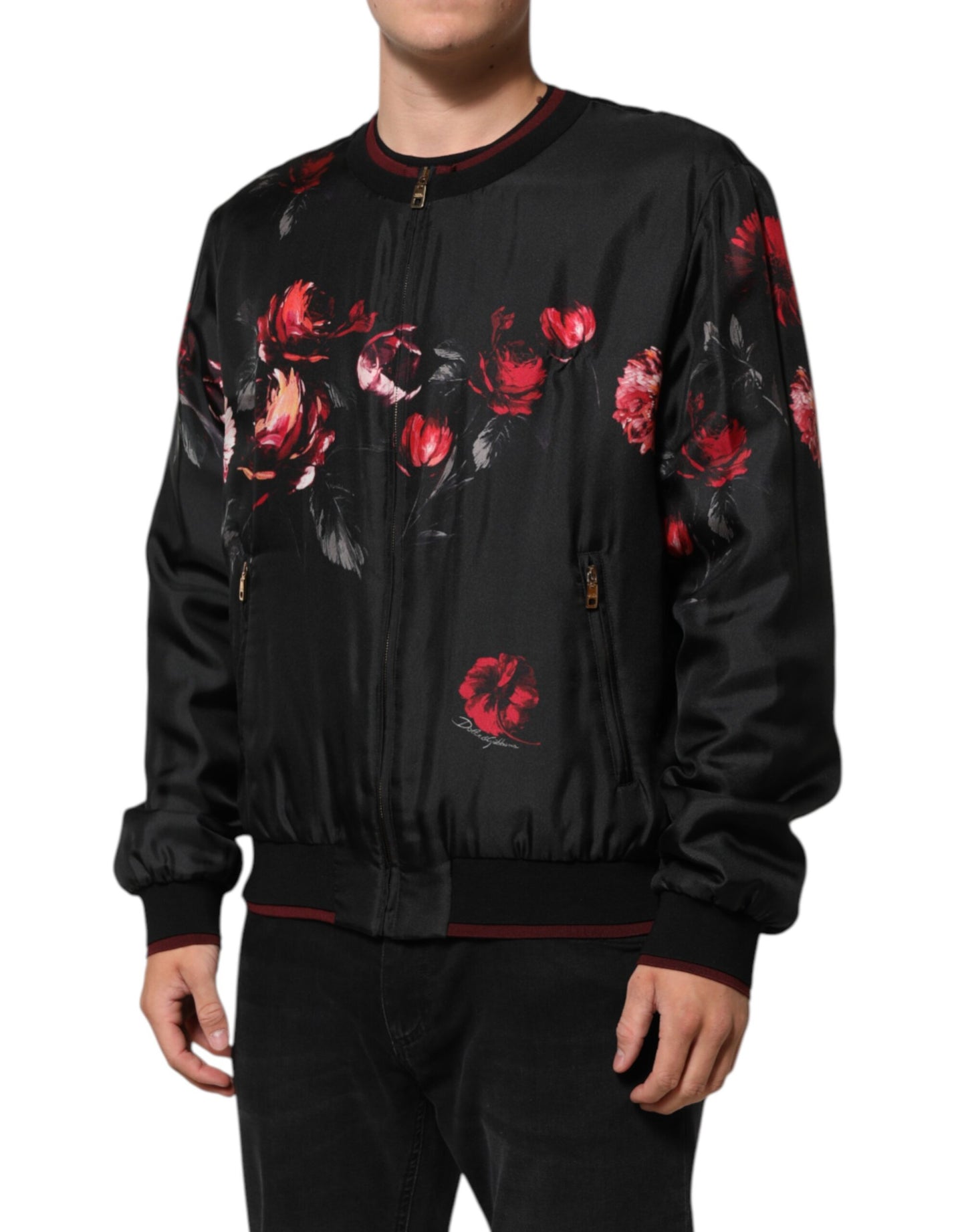 Dolce & Gabbana Black Red Floral Silk Bomber Blouson Jacket
