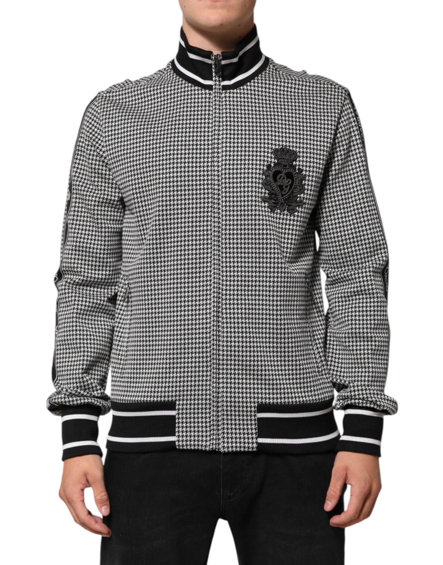 Dolce & Gabbana Black White Houndstooth Wool Crest Jacket Sweater