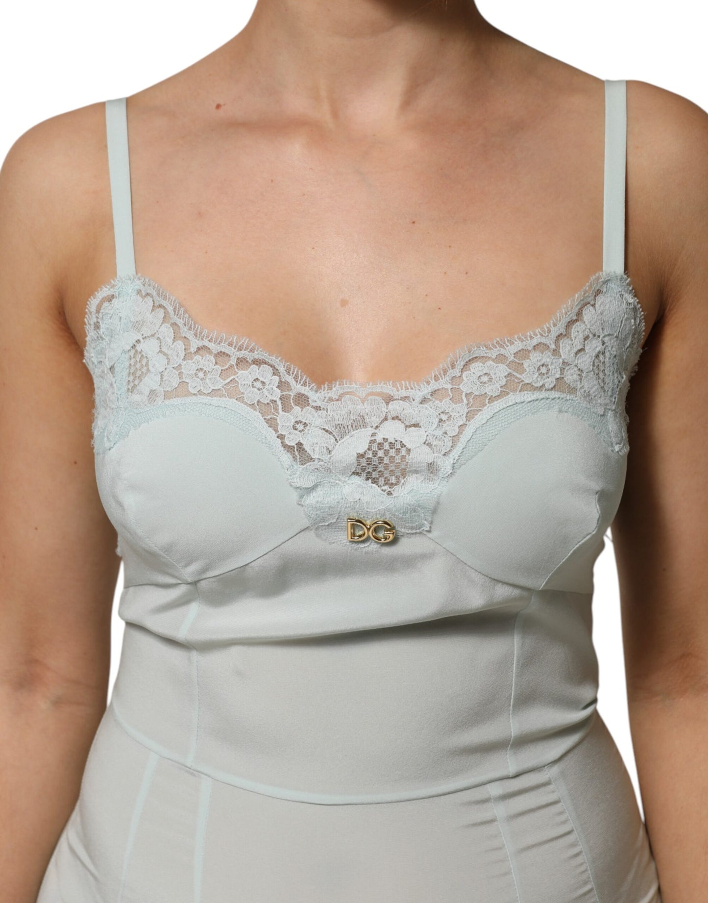 Dolce & Gabbana Light Blue Silk Lace Midi Bodycon Slip Dress