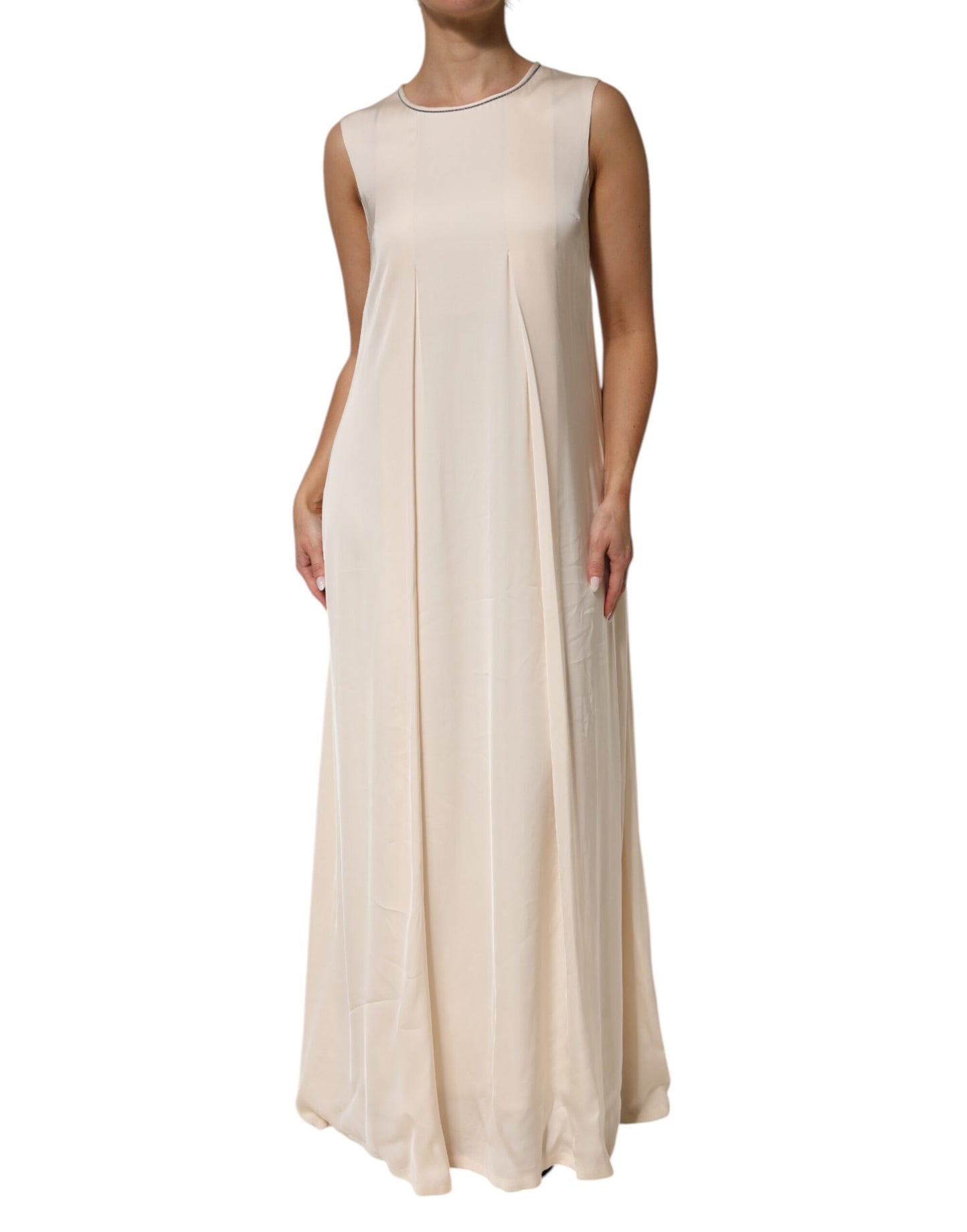 Peserico Beige Viscose Pleated Sleeveless Long Maxi Dress