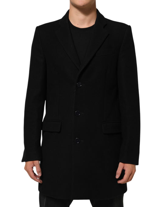 Dolce & Gabbana Black Wool Buttoned Men Trench Coat Jacket