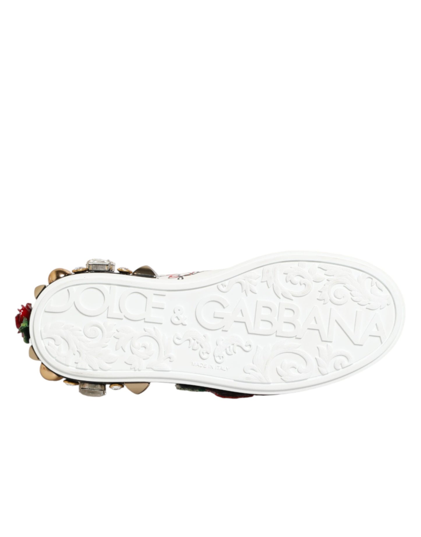 Dolce & Gabbana White Leather Floral Studded Sneakers Shoes