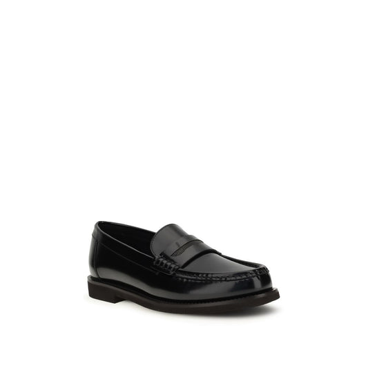 Brunello Cucinelli Black Leather Slip-On Loafers