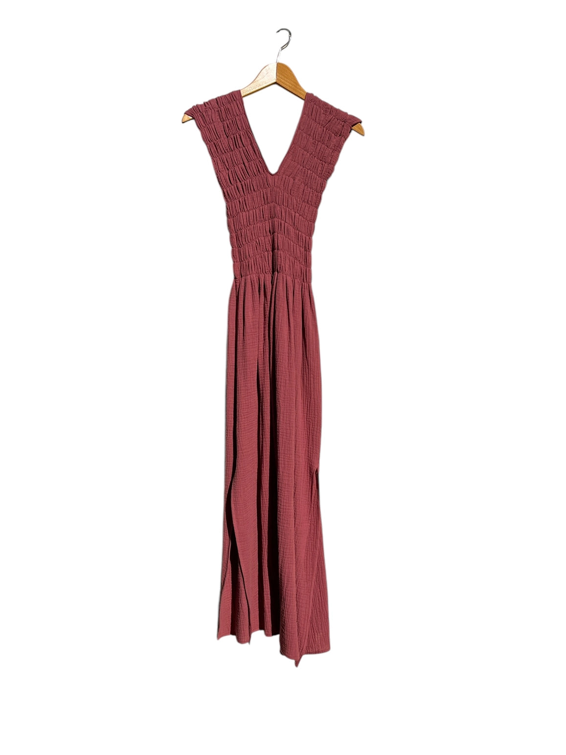736 Albazer Gathered V-Neck Dress in Dark Henna Organic Cotton