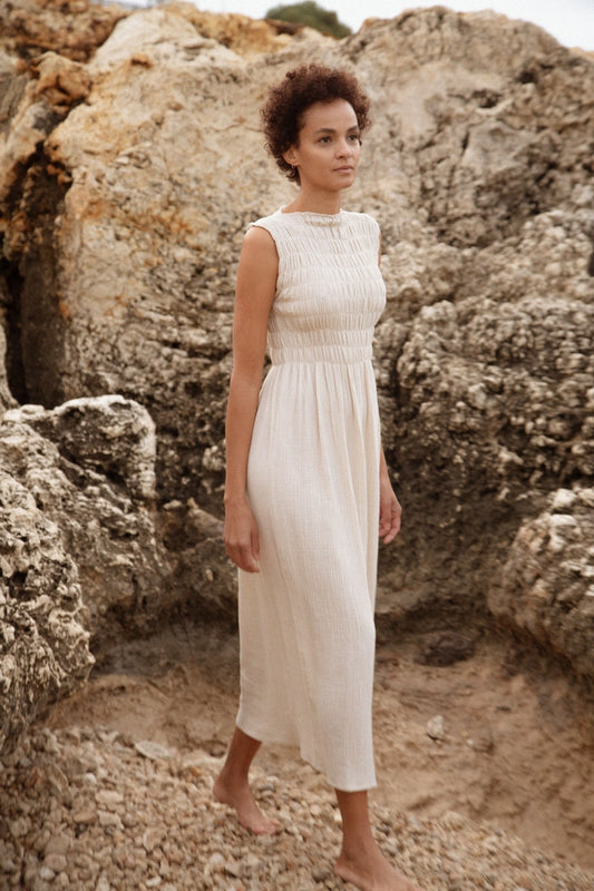 735 Alber Gathered Dress in Organic Cotton Muslin   Ecru non dyed white