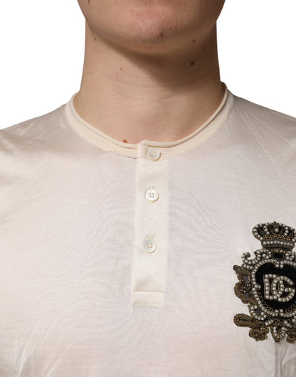 Dolce & Gabbana Off White Silk Logo Patch Men Henley T-shirt