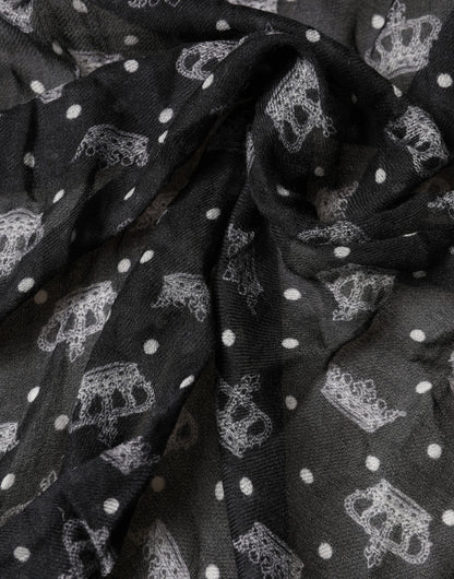 Dolce & Gabbana Black Wool Crown Print Fringe Neck Wrap 180cm x 65cm Scarf
