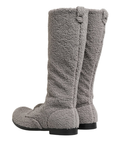 Dolce & Gabbana Gray Shearling Lace Up Knee High Boots Shoes