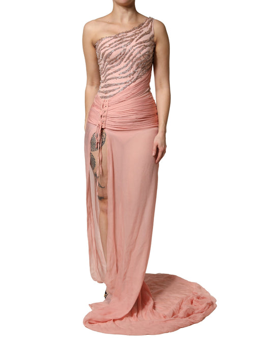 Dolce & Gabbana Pink Embellished One Shoulder Maxi Dress
