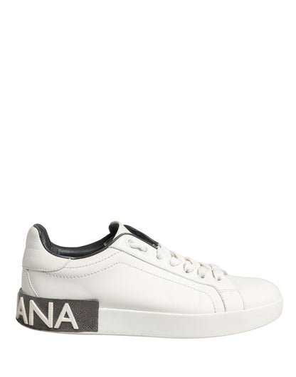 Dolce & Gabbana White Black Portofino Leather Sneakers Shoes