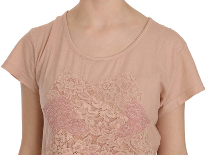 PINK MEMORIES Pink Cream Lace Short Sleeve Shirt Top Cotton Blouse