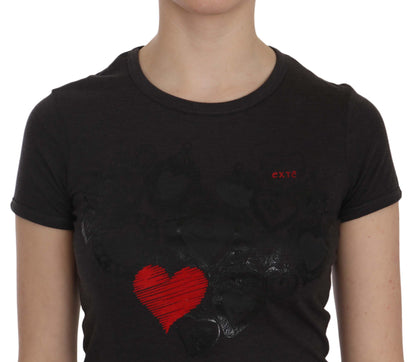 Exte Black Hearts Print Short Sleeve Casual Shirt Top