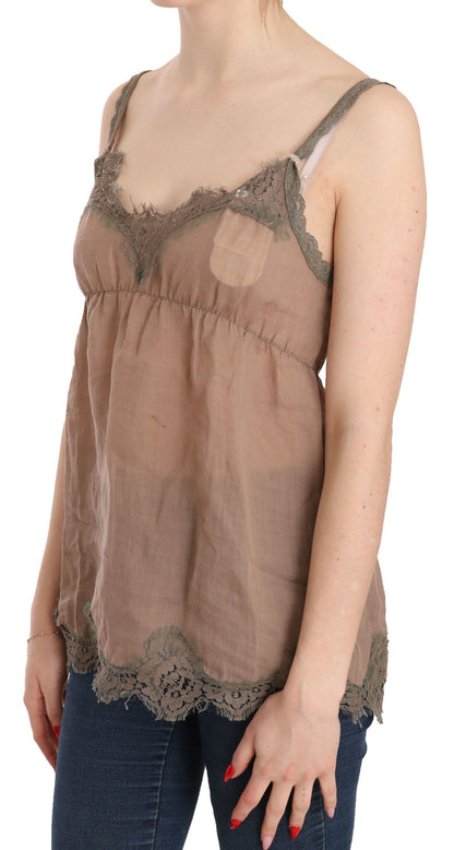 PINK MEMORIES Brown Lace Spaghetti Strap Plunging Top Blouse
