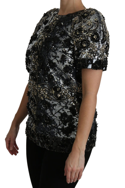 Dolce & Gabbana Black Sequined Crystal Embellished Top Blouse