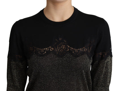 Dolce & Gabbana Black Shiny Lurex Lace Insert Pullover Top