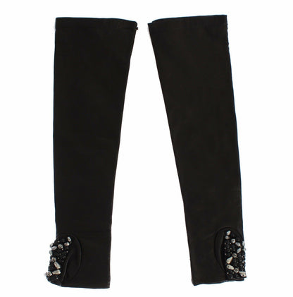 Dolce & Gabbana Black Leather Crystal Beaded Finger Free Gloves