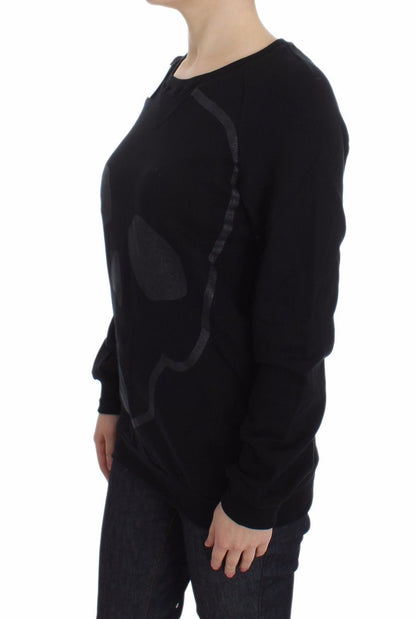 Exte Black Cotton Motive Print Crewneck Pullover Sweater