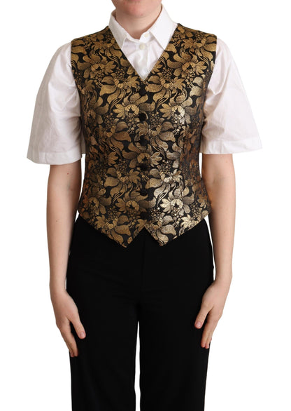 Dolce & Gabbana Black Gold Jacquard Silk Waistcoat Vest