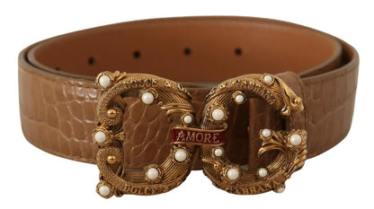 Dolce & Gabbana Brown Crocodile Pattern Leather Logo Amore  Belt